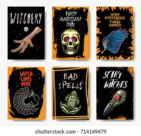 Halloween hand drawn invitation flyers or greeting cards set. Set of Halloween holidays, handmade posters and post card with handwritten calligraphy words quotes and phrases. Vector.