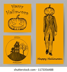 Halloween hand drawn invitation or greeting Cards set. Vector illustration.