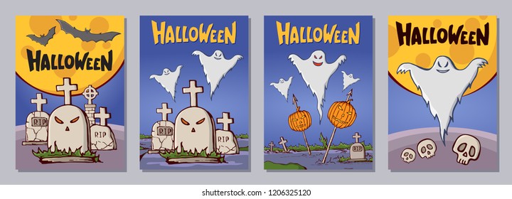 Halloween hand drawn invitation or greeting cards set with lattering. Color cartoon shapes. Tombs, crosses, pumpkins, bats, skulls, ghosts, trees, moon. Vector color illustrations. A6 size.