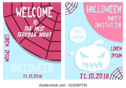 Halloween hand drawn invitation or greeting Cards set. Vector illustration.