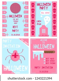 Halloween hand drawn invitation or greeting Cards set. Vector illustration.