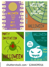 Halloween hand drawn invitation or greeting Cards set. Vector illustration.