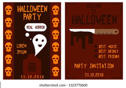 Halloween hand drawn invitation or greeting Cards set. Vector illustration.