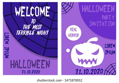 Halloween hand drawn invitation or greeting Cards set. Vector illustration.
