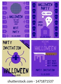 Halloween hand drawn invitation or greeting Cards set. Vector illustration.