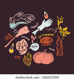 Halloween hand drawn invitation or greeting Cards set. Vector illustration. pumpkins, ghosts, house, fire, poison, witches broom,candy, nightmare,scull,boo 