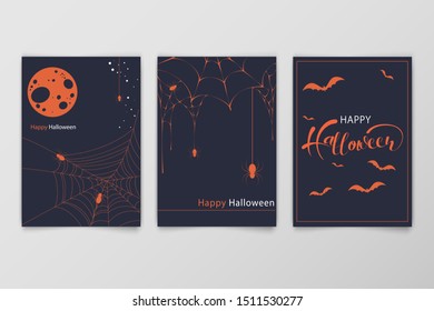 Halloween hand drawn invitation or greeting Cards set. Vector illustration.