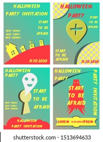 Halloween hand drawn invitation or greeting Cards set. Vector illustration.