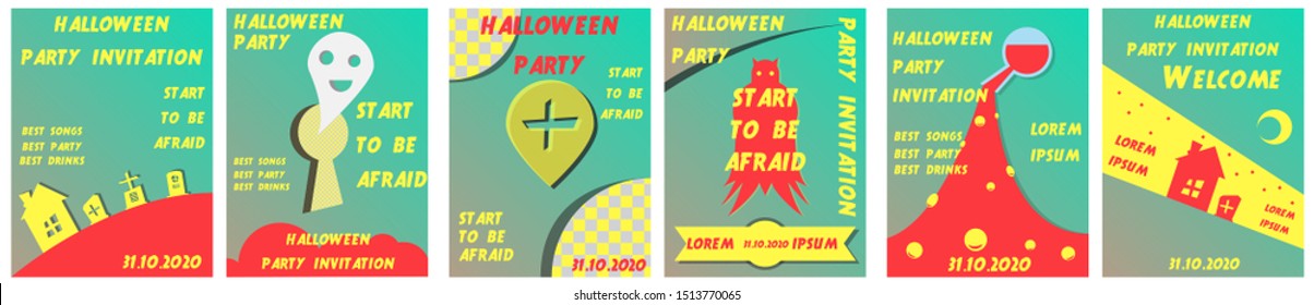 Halloween hand drawn invitation or greeting Cards set. Vector illustration.