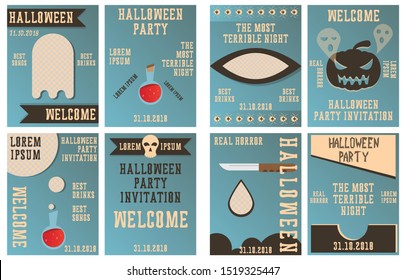 Halloween hand drawn invitation or greeting Cards set. Vector illustration.