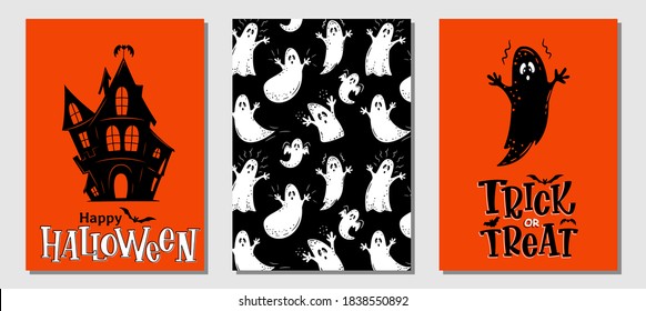 Halloween hand drawn invitation or greeting cards vector set. Traditional halloween symbols haunted house, ghost, bat and handwritten lettering. Card, party invitation, flyer, banner, poster template.