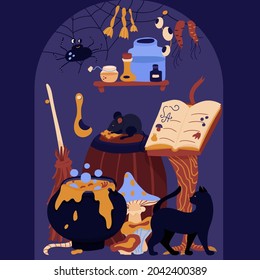 Halloween hand drawn invitation or greeting card. Interior of room with bubbling cauldron, the book of spells, spider, cat and mouse.