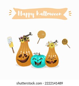 Halloween hand drawn invitation or greeting cards, pumpkins with wreaths and sweets . Vector illustration.