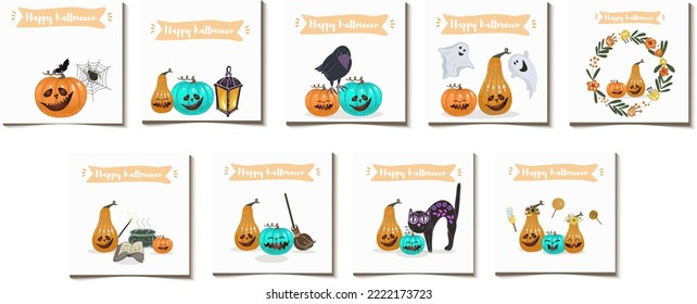 Halloween hand drawn invitation or greeting cards, pumpkins with wreaths and sweets, raven, cat, ghosts, wreath, broom, potion, drug, witch's book, lantern, cobweb, spider, bat. Vector illustration.