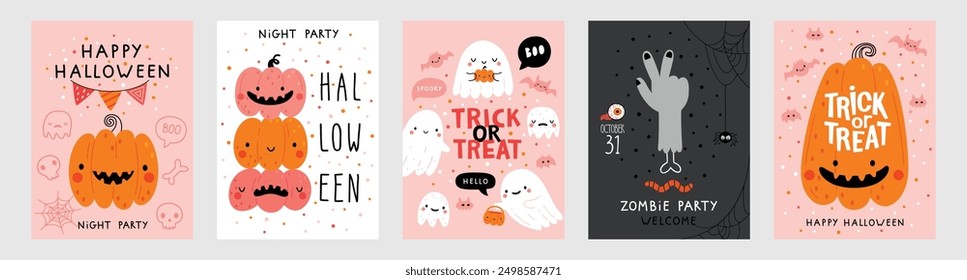 Halloween hand drawn invitation or greeting Cards set. Graphic elements - pumpkins, ghosts, zombie, candy and others. Vector illustration.