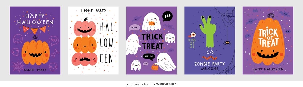 Halloween hand drawn invitation or greeting Cards set. Graphic elements - pumpkins, ghosts, zombie, candy and others. Vector illustration.