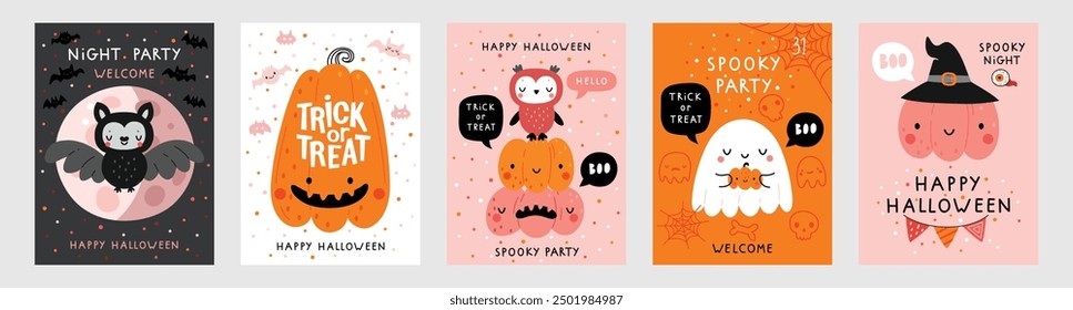 Tarjetas de felicitación o invitación dibujadas a mano de Halloween. Elementos gráficos - calabazas, fantasmas, zombis, dulces y otros. Ilustración vectorial.
