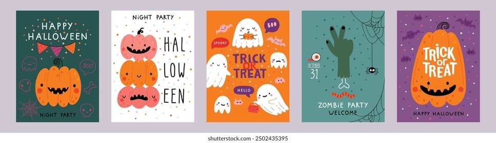 Halloween hand drawn invitation or greeting Cards set. Graphic elements - pumpkins, ghosts, zombie, candy and others. Vector illustration.
