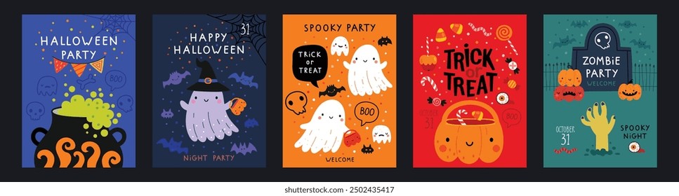 Halloween hand drawn invitation or greeting Cards set. Graphic elements - pumpkins, ghosts, zombie, candy and others. Vector illustration.
