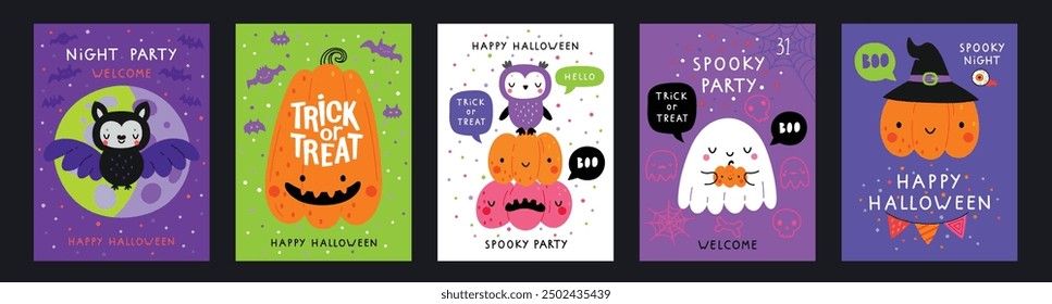 Halloween hand drawn invitation or greeting Cards set. Graphic elements - pumpkins, ghosts, zombie, candy and others. Vector illustration.
