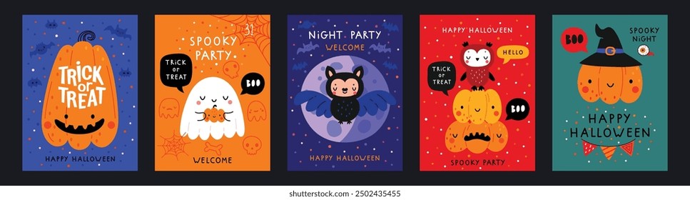 Halloween hand drawn invitation or greeting Cards set. Graphic elements - pumpkins, ghosts, zombie, candy and others. Vector illustration.
