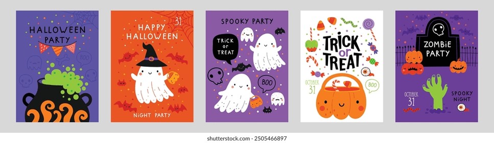 Halloween hand drawn invitation or greeting Cards set. Graphic elements - pumpkins, ghosts, zombie, candy and others. Vector illustration.