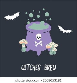 Halloween hand drawn invitation or greeting card. Cauldron with potion, poisonous mushrooms, bat. Scary and horror design. Hand drawn vector illustration