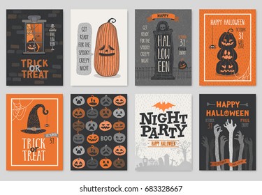 Halloween hand drawn invitation or greeting Cards set. Vector illustration.