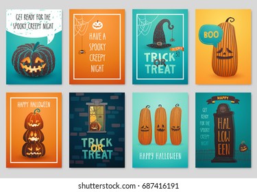 Halloween hand drawn invitation or greeting Cards set. Vector illustration.