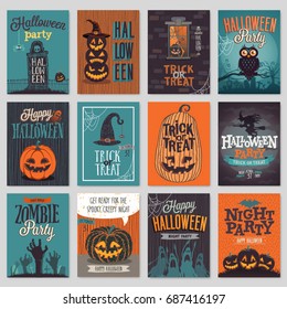 Halloween hand drawn invitation or greeting Cards set. Vector illustration.