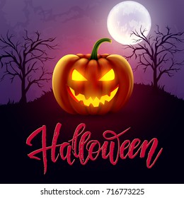 Halloween hand drawn lettering, pumpkin, castle and full moon. Greeting card for party and sale. Autumn holidays. Vector illustration EPS10.