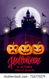 Halloween hand drawn lettering, pumpkin, castle and bat. Greeting card for party and sale. Autumn holidays. Vector illustration EPS10.