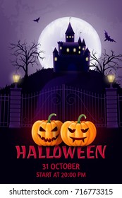 Halloween hand drawn lettering, pumpkin, castle and bat. Greeting card for party and sale. Autumn holidays. Vector illustration EPS10.