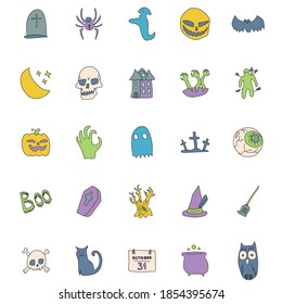 halloween hand drawn linear doodles isolated on white background.halloween icon set for web and ui design, mobile apps and print products