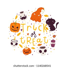 Halloween hand drawn modern card or poster design. Happy halloween lettering.  Illustrations collection