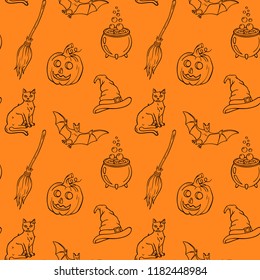 Halloween hand drawn outline seamless vector pattern. Endless Halloween background with pumpkins, cats, bats, brooms, cauldrons.