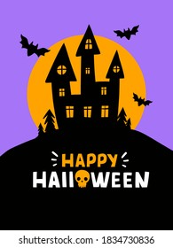 Halloween hand drawn party invitation or greeting Card, poster, flyer with traditional symbols bat,moon. Handwritten Happy Halloween vector illustration.