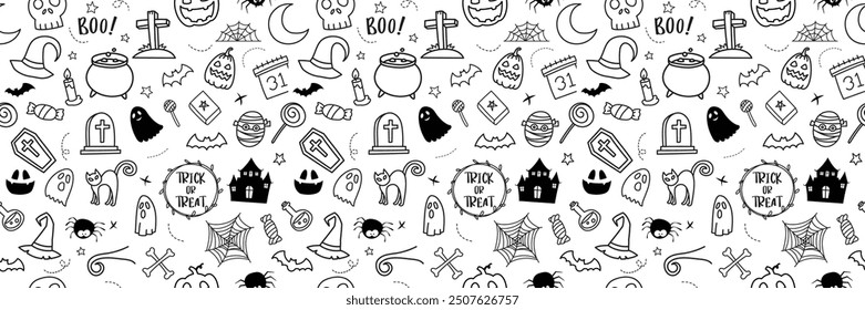 Halloween hand drawn pattern seamless background. Cover halloween doodle style for textile fabric cute design.