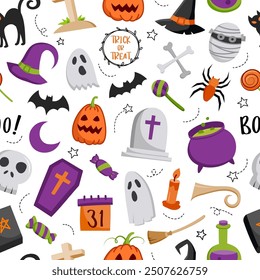 Halloween hand drawn pattern seamless background. Cover halloween doodle style for textile fabric cute design.