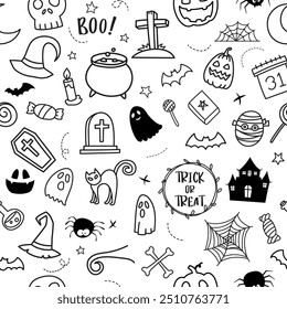 Halloween hand drawn pattern seamless background. Cover halloween doodle style for textile fabric cute design.