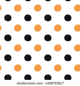 Halloween hand drawn Polka Dots Seamless Pattern. Black and orange circle on white background.  Vector endless geometric pattern composed with circlesGraphic texture can be used in textile, design.