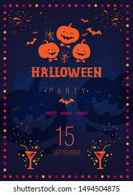 Halloween, hand drawn poster, card design. Vector illustration of laughing pumpkin and bat on dark blue background. Design concept for party invitation, greeting card, poster.