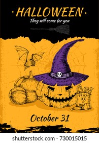 Halloween hand drawn poster with lantern of lack in purple witch hat on texture background vector illustration