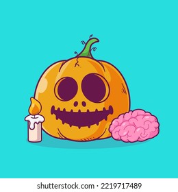 Halloween hand drawn pumpkin with brain and candle illustration