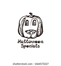 Halloween hand drawn pumpkin with handwritten phrase isolated on white background. Inscription: Halloween specials