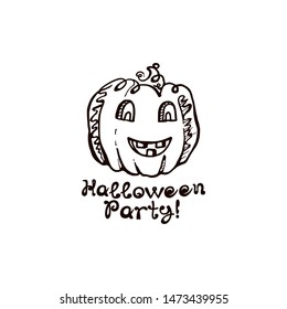 Halloween hand drawn pumpkin with handwritten phrase isolated on white background. Inscription: Halloween party