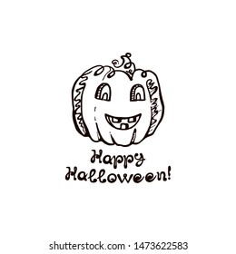 Halloween hand drawn pumpkin with handwritten phrase isolated on white background. Inscription: Happy Halloween