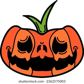 Halloween hand drawn pumpkin icon. Orange spooky pumpkin smile face. Emotional holiday character. Elements for autumn decorative design, invitation and card. Flat cartoon vector illustration.