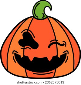Halloween hand drawn pumpkin icon. Orange spooky pumpkin smile face. Emotional holiday character. Elements for autumn decorative design, invitation and card. Flat cartoon vector illustration.