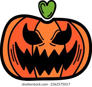 Halloween hand drawn pumpkin icon. Orange spooky pumpkin smile face. Emotional holiday character. Elements for autumn decorative design, invitation and card. Flat cartoon vector illustration.